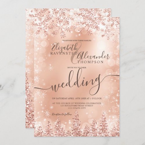 Rose gold snow pine Christmas winter wedding Invitation