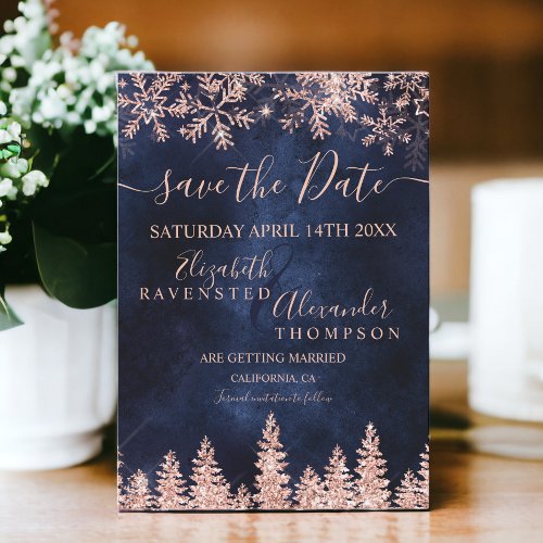 Rose gold snow pine navy Christmas save the date