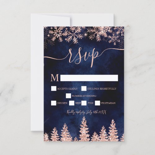 Rose gold snow pine navy Christmas winter rsvp