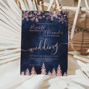 Rose gold snow pine navy Christmas winter wedding Invitation