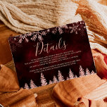 Rose gold snow pine red Christmas winter details Enclosure Card<br><div class="desc">Time to celebrate your winter wonderland wedding theme with this luxury rose gold glitter snowflakes sparkles and silver glitter pine tree forest details cards on an elegant festive red burgundy watercolor background,  featuring a modern cool script font typography.</div>