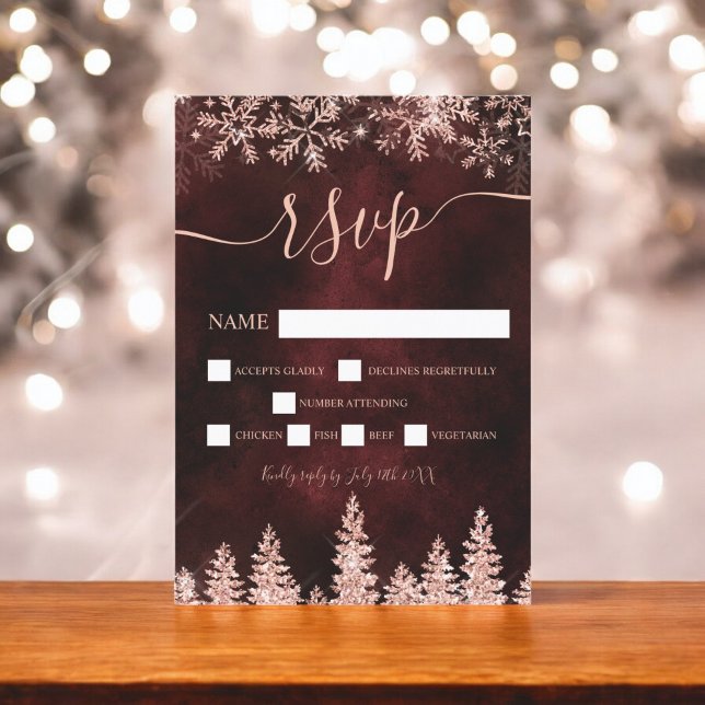 Rose gold snow pine red Christmas winter rsvp Card (Rose gold snow pine red Christmas winter rsvp)
