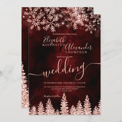 Rose gold snow pine red Christmas winter wedding Invitation