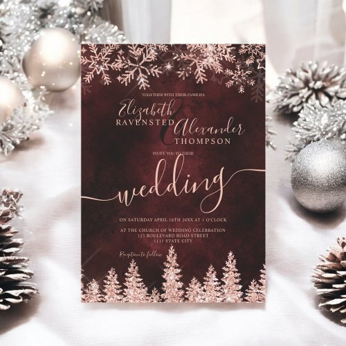 Rose gold snow pine red Christmas winter wedding Invitation