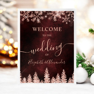 Rose gold snow pine red Christmas winter wedding Poster