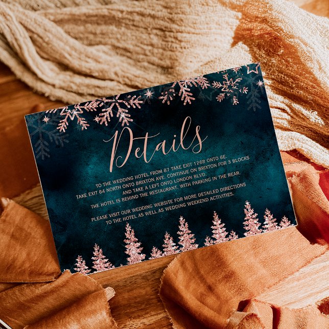 Rose gold snow pine teal Christmas winter details Enclosure Card (Rose gold snow pine teal Christmas winter details Enclosure Card)