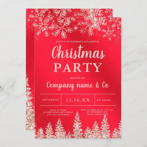 Rose gold snow red metallic corporate Christmas Invitation