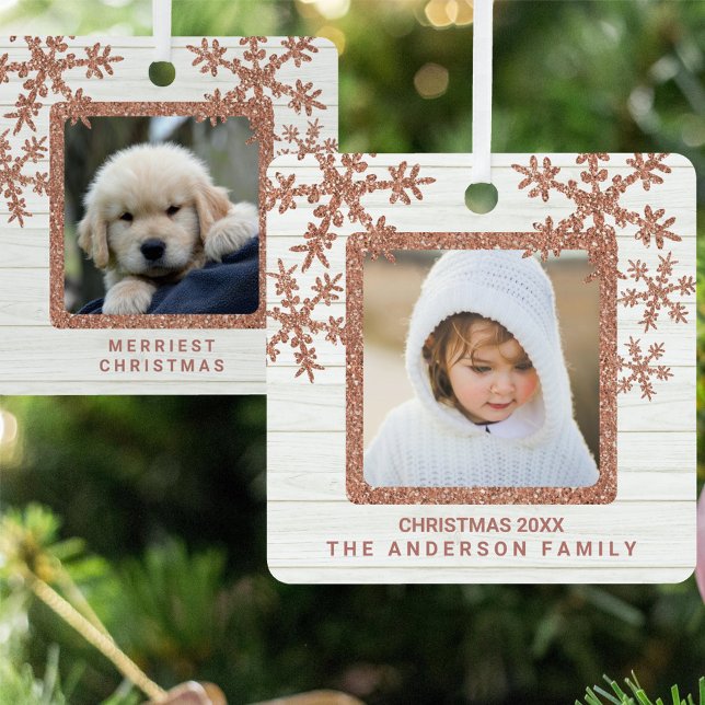 Rose Gold Snowflake 2 Photo Chic Double Sided Metal Ornament (Creator Uploaded)
