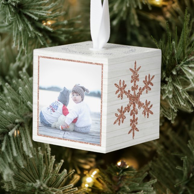 Rose Gold Snowflake 2 Photo Christmas Holiday Cube Ornament (Tree)