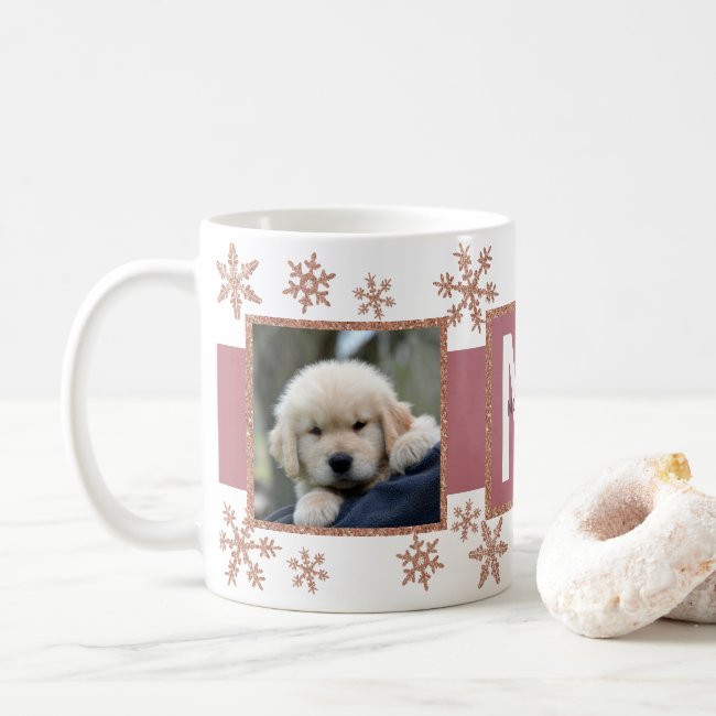 Rose Gold Snowflake 2 Photo Monogram Christmas Coffee Mug
