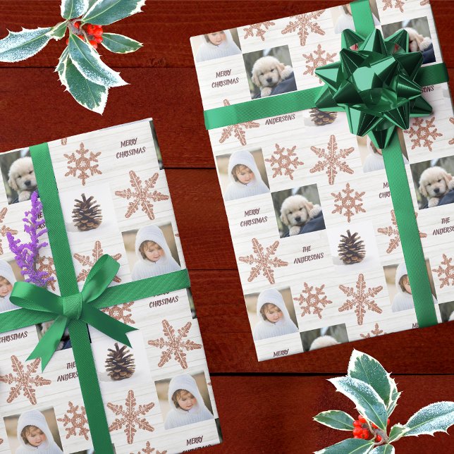 Rose Gold Snowflake 3 Photo Collage Christmas Wrapping Paper (Creator Uploaded)