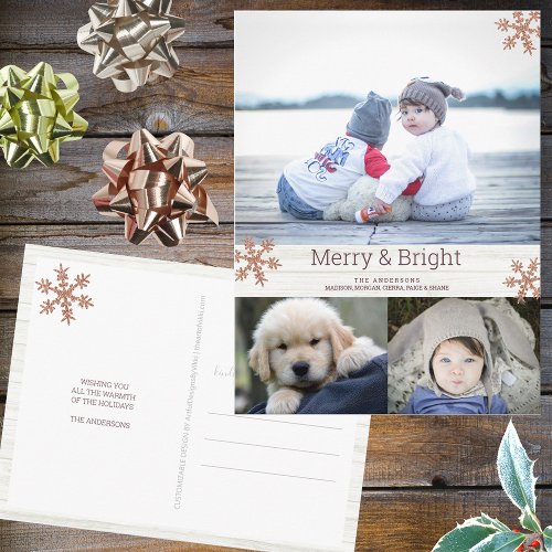 Rose Gold Snowflake 3 Photo Collage Holiday Postcard