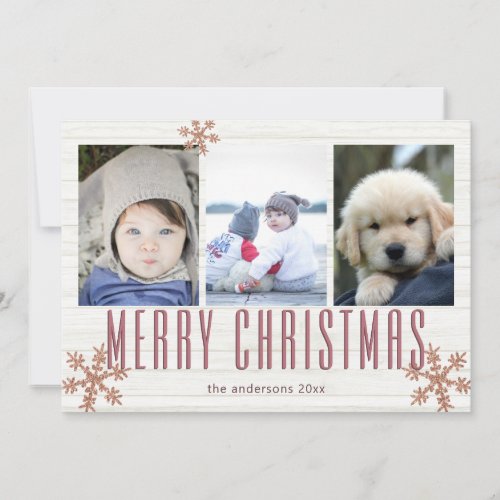 Rose Gold Snowflake 3 Photo Collage Merry Holiday Card