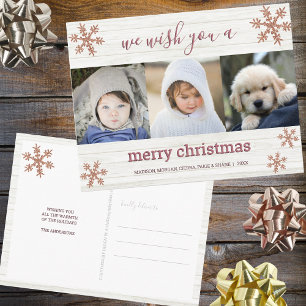 Rose Gold Snowflake 3 Photo Merry Christmas Postcard