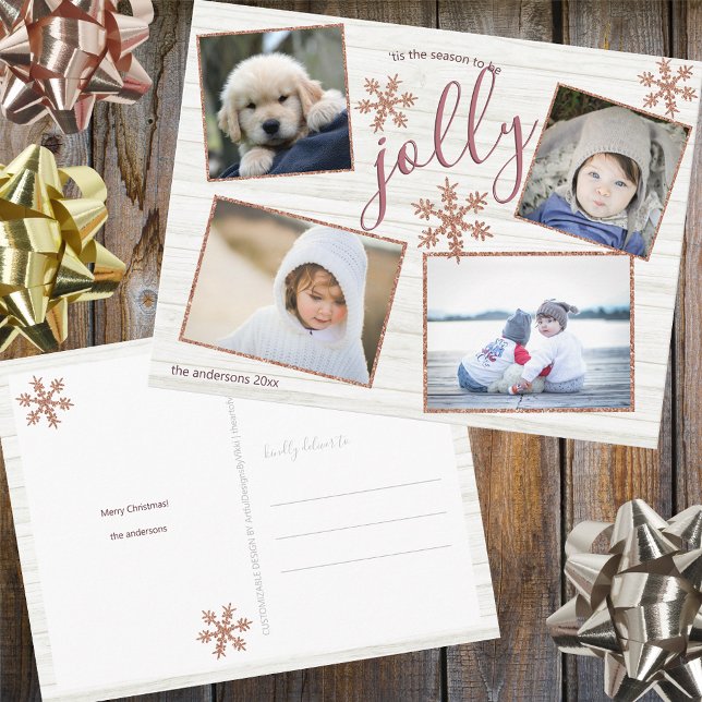 Rose Gold Snowflake 4 Photo Jolly Christmas Postcard (Creator Uploaded)