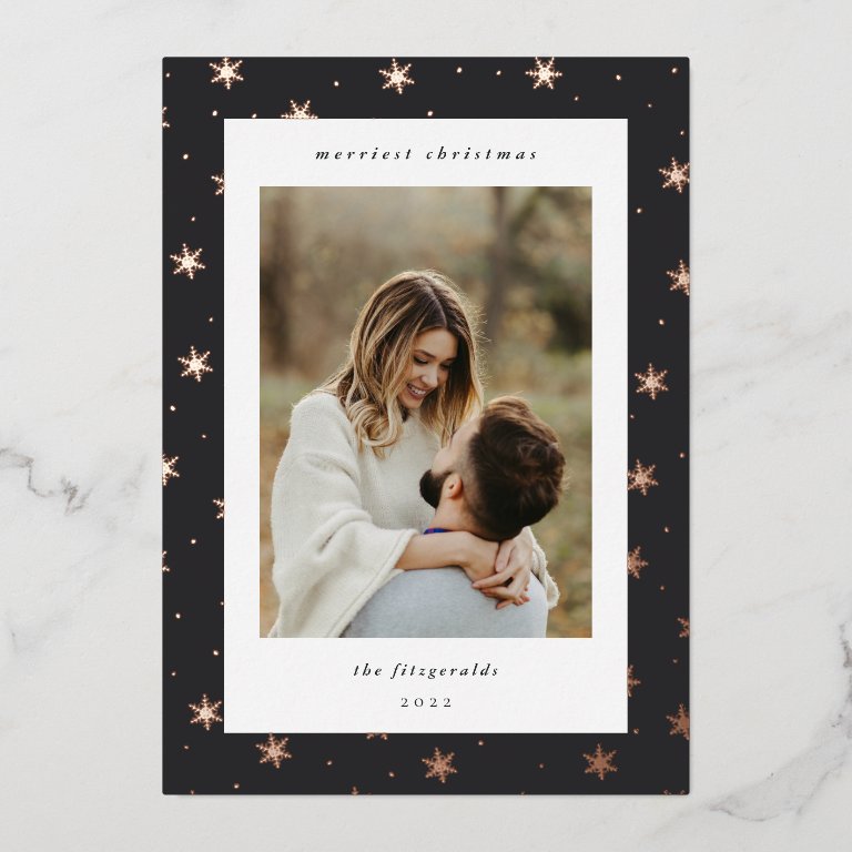 Rose Gold Snowflake Border Christmas Photo Foil Holiday Card