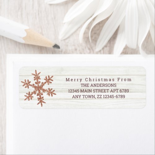 Rose Gold Snowflake Chic Rustic Wood Holiday Label