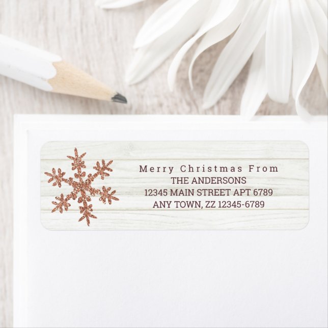 Rose Gold Snowflake Chic Rustic Wood Holiday Label (Insitu)
