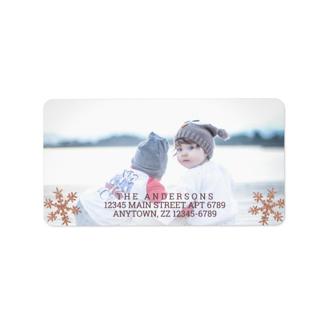 Rose Gold Snowflake Christmas Holiday Chic Photo Label (Front)
