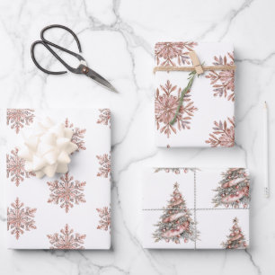 Rose Gold Snowflake Christmas Trees Wrapping Paper Sheets