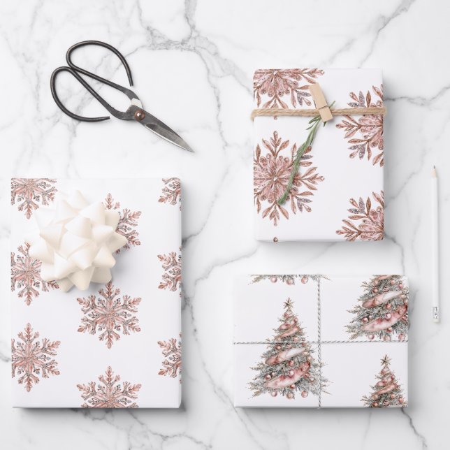 Rose Gold Snowflake Christmas Trees Wrapping Paper Sheets (Front)
