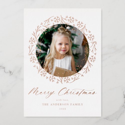 Rose Gold Snowflake Christmas Wreath Photo Foil Holiday Card