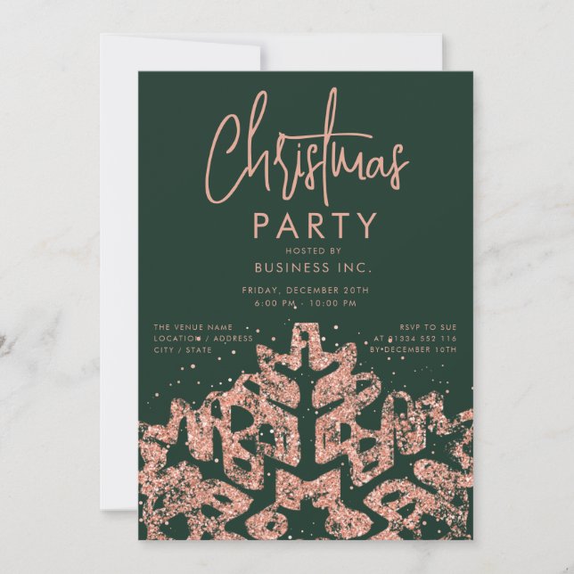 Rose Gold Snowflake Corporate Christmas Green  Invitation (Front)