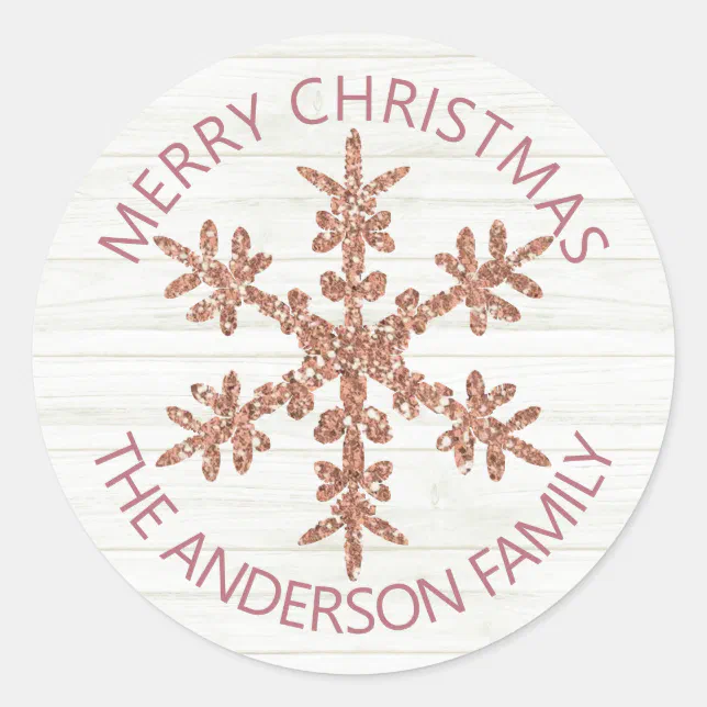 Rose Gold Snowflake Faux Glitter Modern Stylish Classic Round Sticker ...