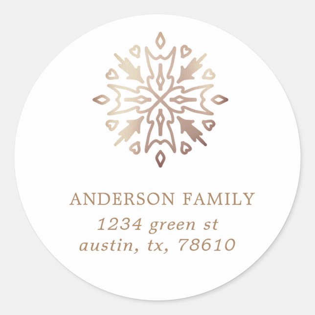 rose gold snowflake holiday round sticker (Front)