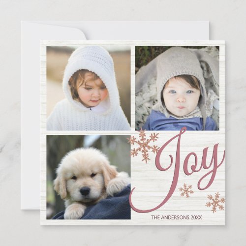 Rose Gold Snowflake Joy Script 3 Photo Collage Holiday Card