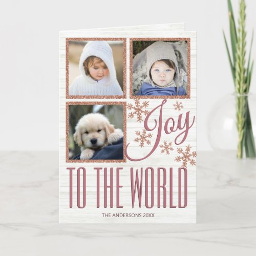 Rose Gold Snowflake Joy To The World 3 Photo Holiday Card