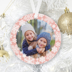 Rose Gold Snowflake Merry and Bright Photo Ornament