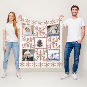 Rose Gold Snowflake Optional Monogram 5 Photo Fleece Blanket