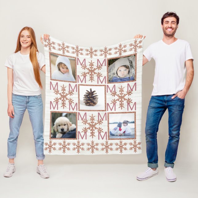 Rose Gold Snowflake Optional Monogram 5 Photo Fleece Blanket (In Situ)