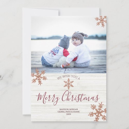 Rose Gold Snowflake Rustic Christmas 2 Photo Holiday Card