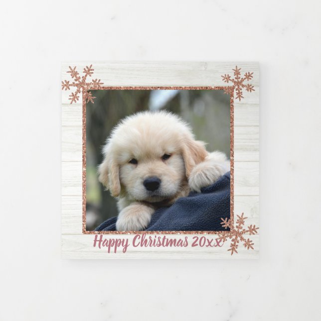 Rose Gold Snowflake Rustic Christmas 4 Photo Tri-Fold Holiday Card (Cover)