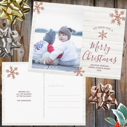 Rose Gold Snowflake Rustic Christmas Your Photo Postcard