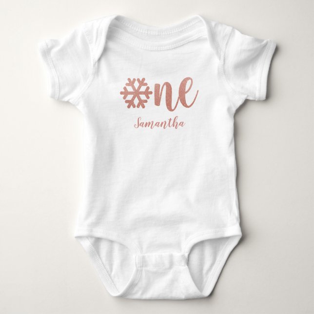 Rose Gold Snowflake Winter First Birthday for Girl Baby Bodysuit (Front)