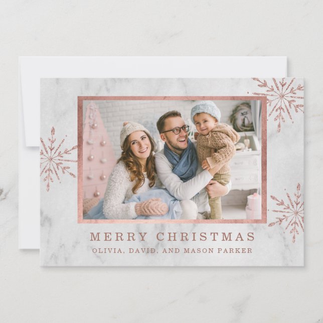 Rose Gold Snowflakes and Marble | Photo Holiday Card (Front)