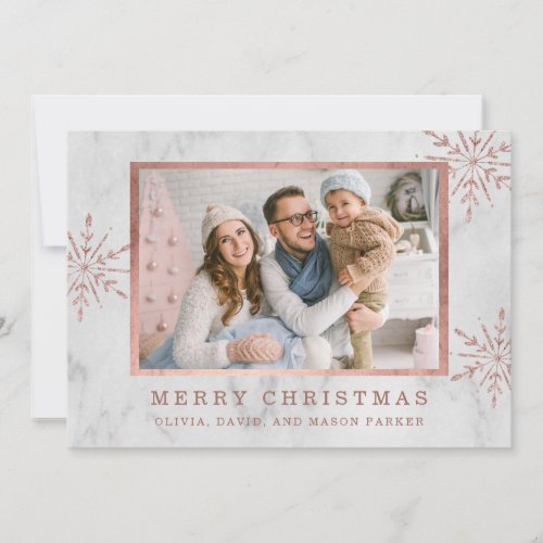 Rose Gold Snowflakes and Marble  Photo Holiday Card