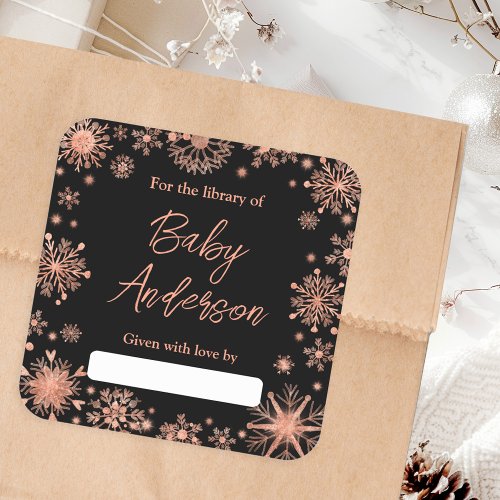 Rose Gold Snowflakes Baby Shower Bookplate