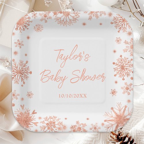 Rose Gold Snowflakes Baby Shower Paper Plates