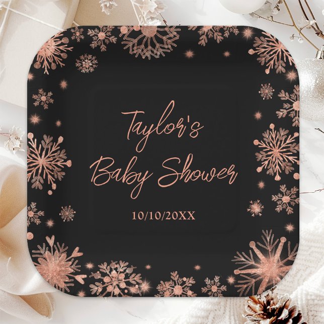 Rose Gold Snowflakes Baby Shower Paper Plates (Creator Uploaded)