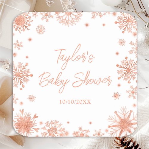 Rose Gold Snowflakes Baby Shower Square Paper Coaster