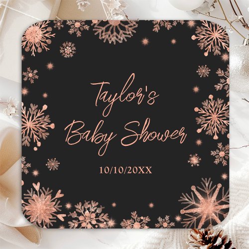 Rose Gold Snowflakes Baby Shower Square Paper Coaster