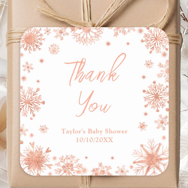 Rose Gold Snowflakes Baby Shower Thank You Square Sticker (Creator Uploaded)