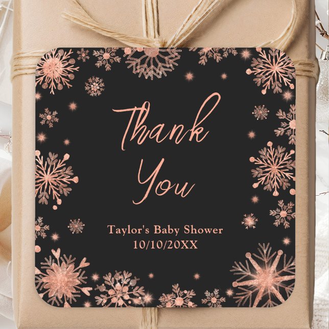 Rose Gold Snowflakes Baby Shower Thank You Square Sticker (Creator Uploaded)