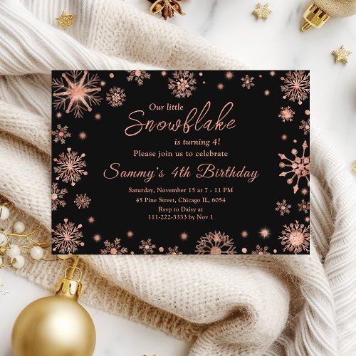 Rose Gold Snowflakes Birthday Party Invitation