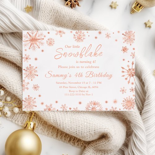 Rose Gold Snowflakes Birthday Party Invitation
