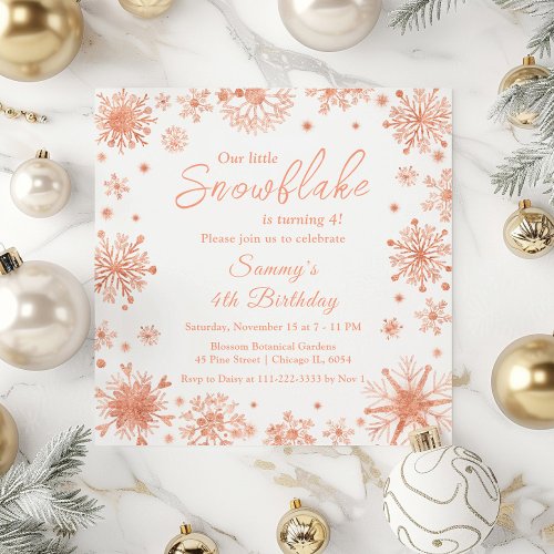 Rose Gold Snowflakes Birthday Party Invitation